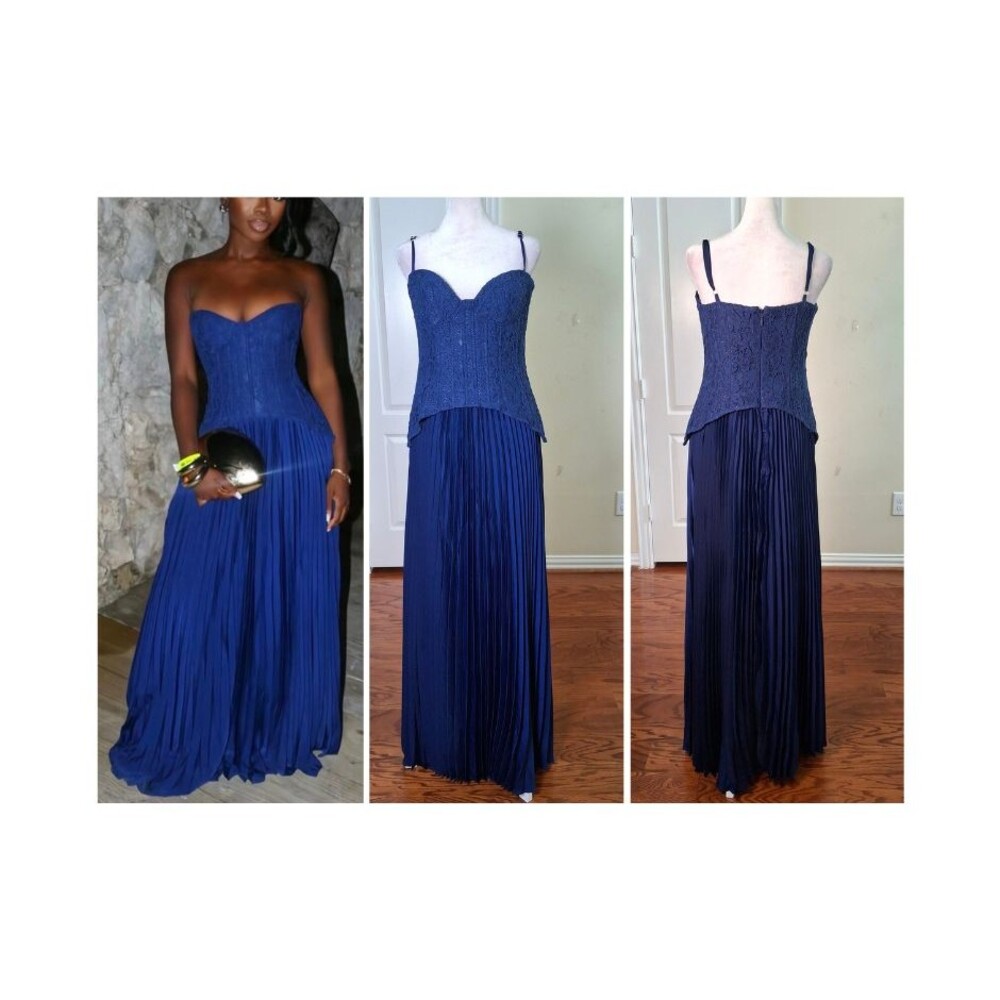 NEW Lace Corset Pleated Strapless Dress Navy M Wedding Guest Coquette Romantic